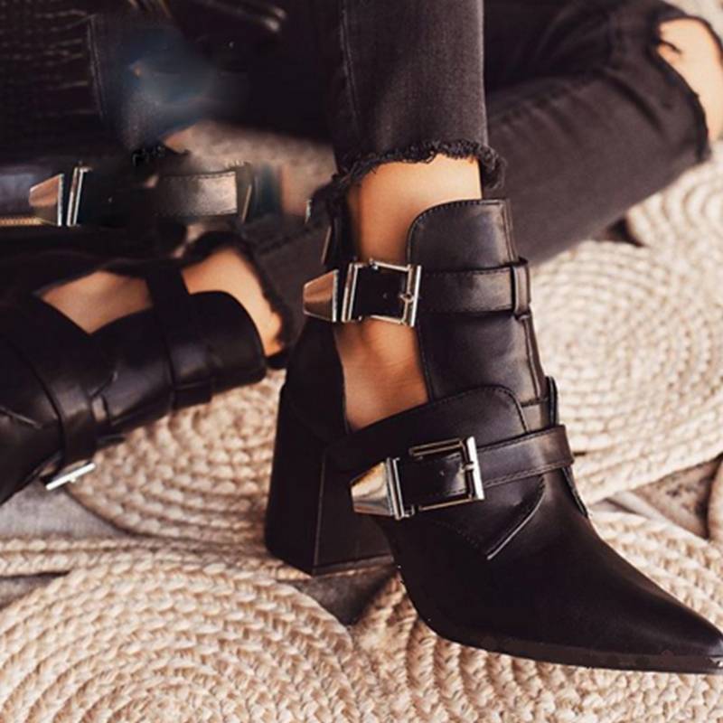 Pointed Toe Metal Buckle PU Leather Ankle Boots