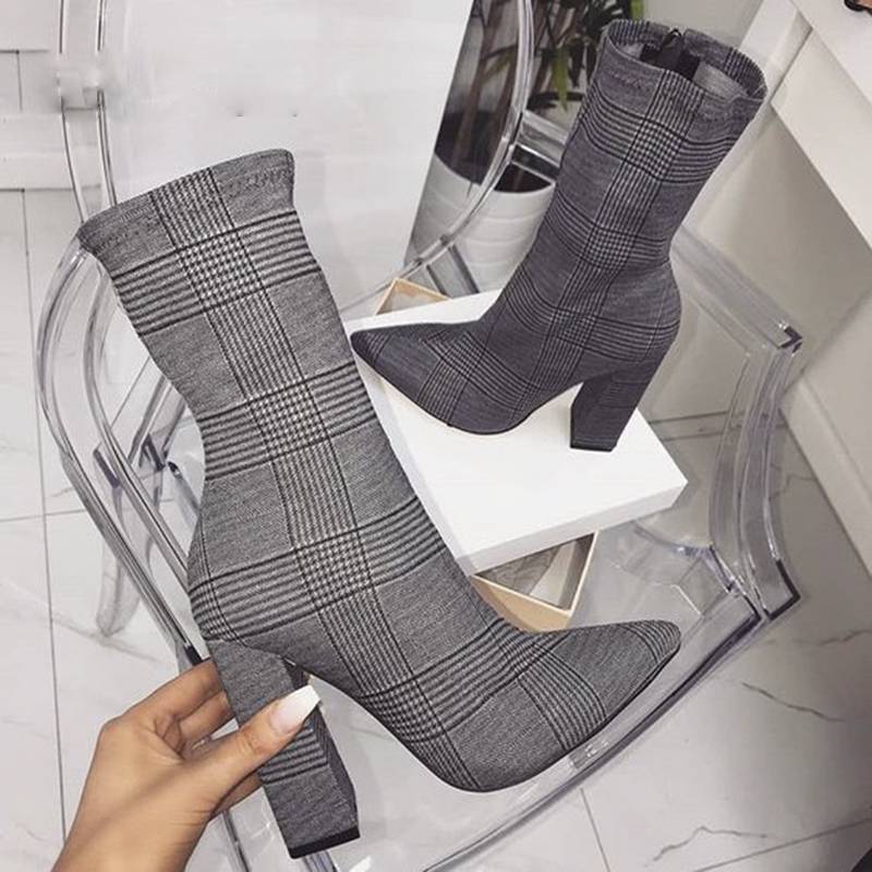 Cotton Fabric Slim Pointed Toe Square Heels Women Ankle Boots