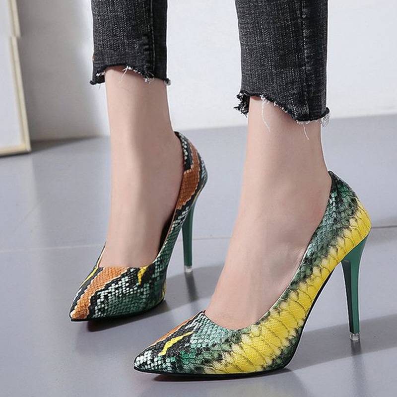 PU Leather Snake Print Pointed Toe Stiletto