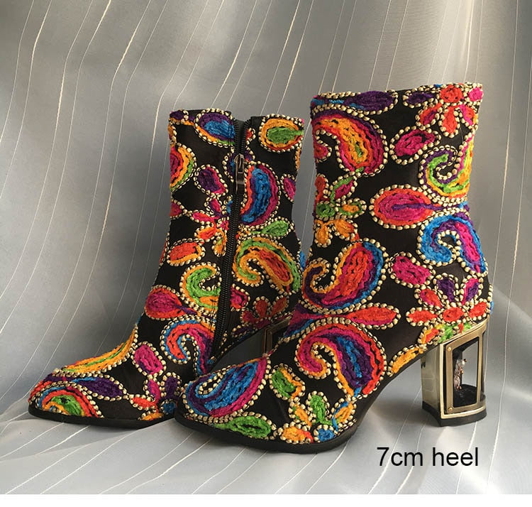 Ethnic Printed Flower Mixer Color Women Ankle Boots
