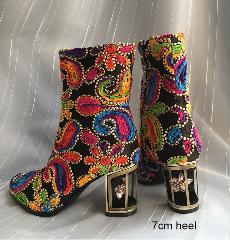 Ethnic Printed Flower Mixer Color Women Ankle Boots
