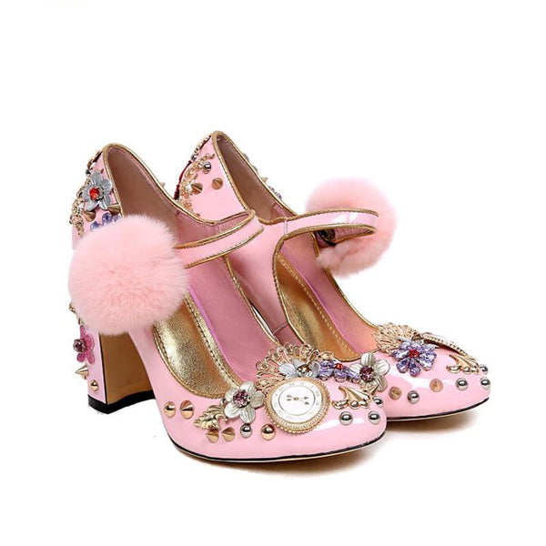 Pink Mary Janes Crystal Flower Leather Pump Shoes