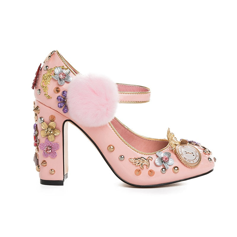 Pink Mary Janes Crystal Flower Leather Pump Shoes