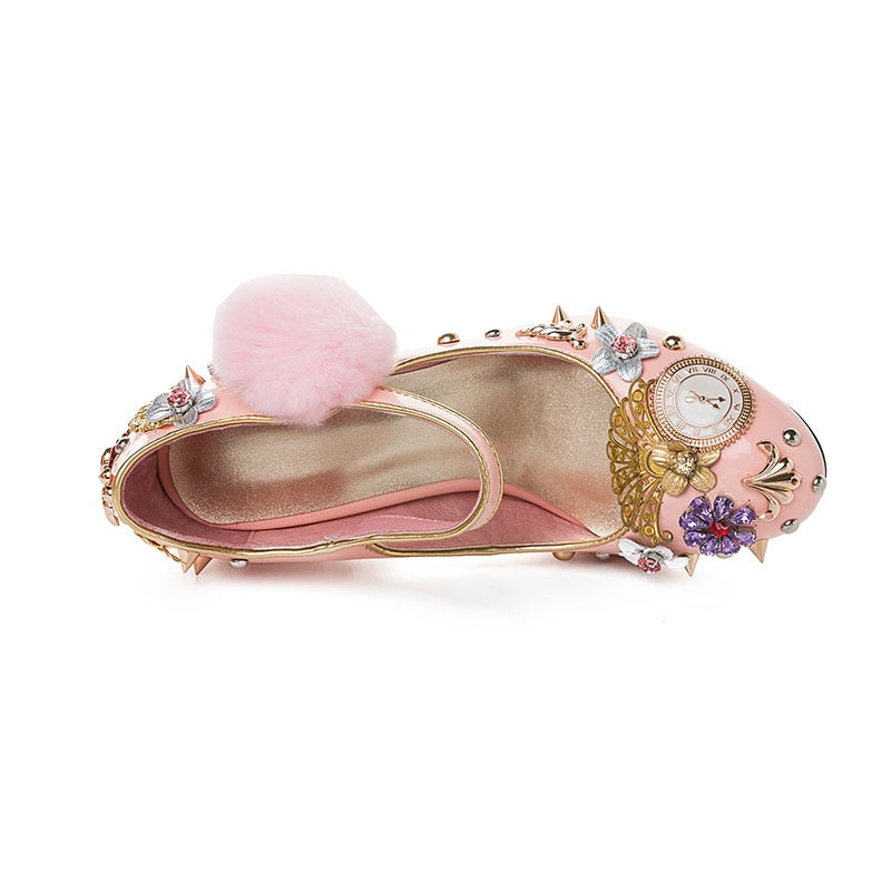 Pink Mary Janes Crystal Flower Leather Pump Shoes