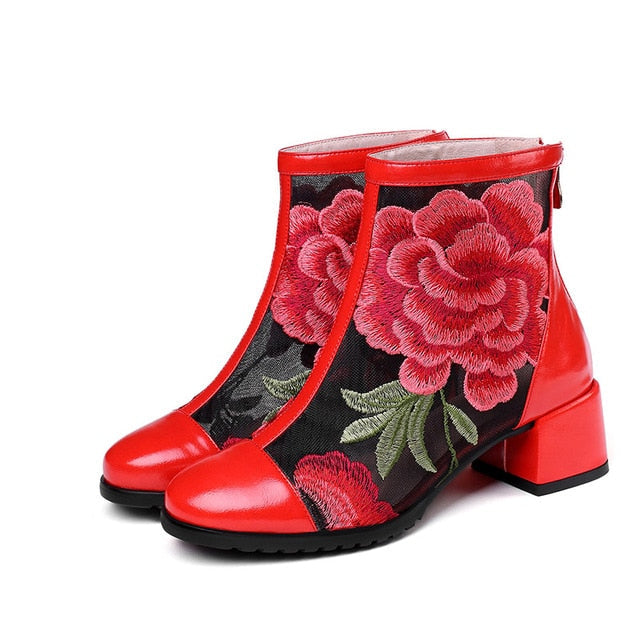 Nature Genuine Leather Blue Flower Embroidery Women Ankle Boots