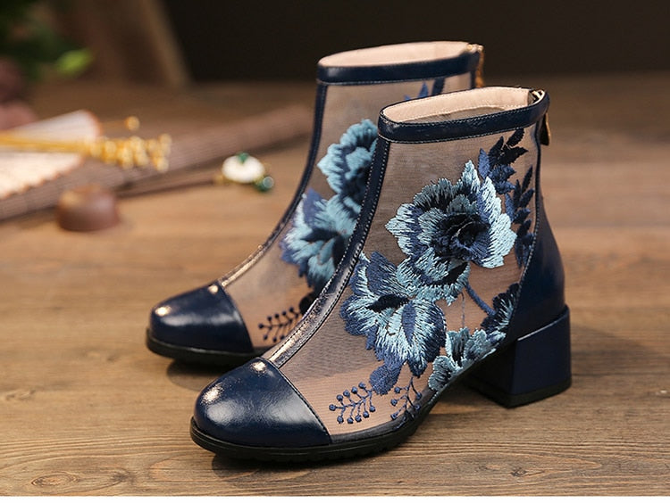 Nature Genuine Leather Blue Flower Embroidery Women Ankle Boots