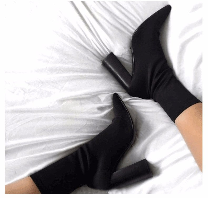 Elegant Yarn Elastic Pointed Toe Heels Women Ankle Boots