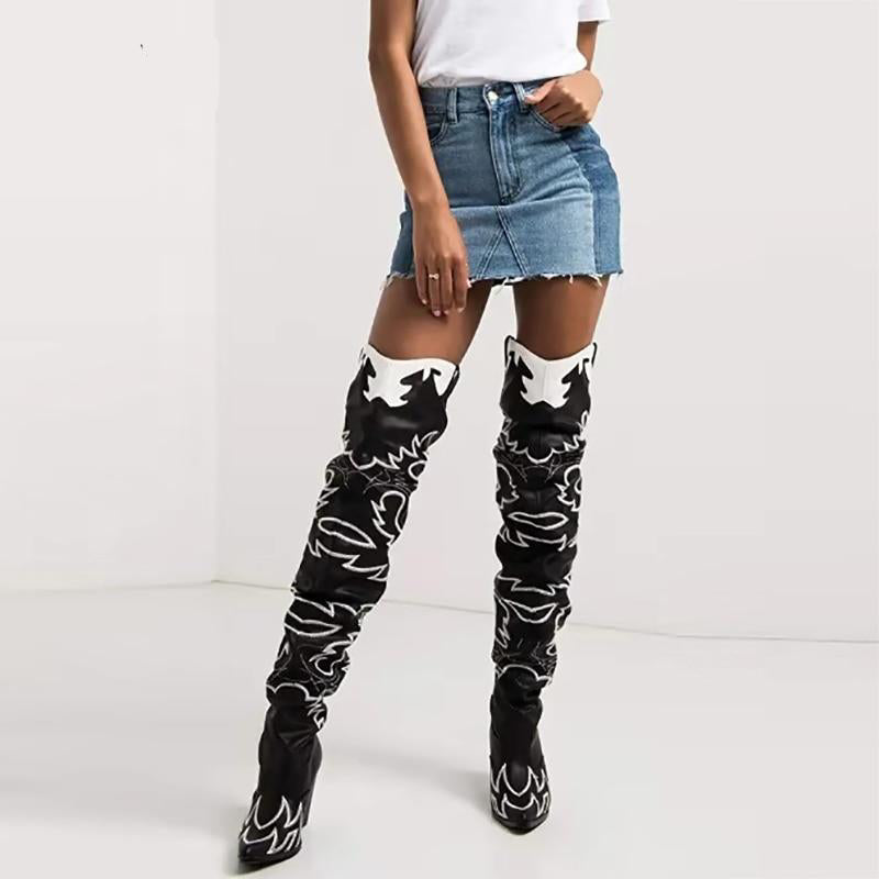 Western Cow Girl Embroider Pointed Toe Over The Knee Boots