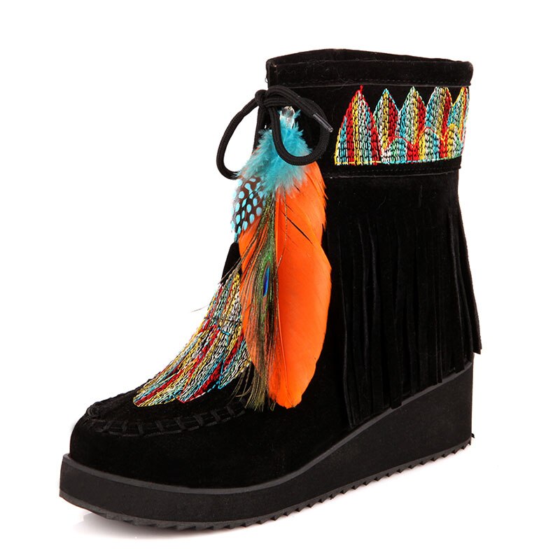 Indian Flock Feather Decoration Wedges Heels Ankle Boots