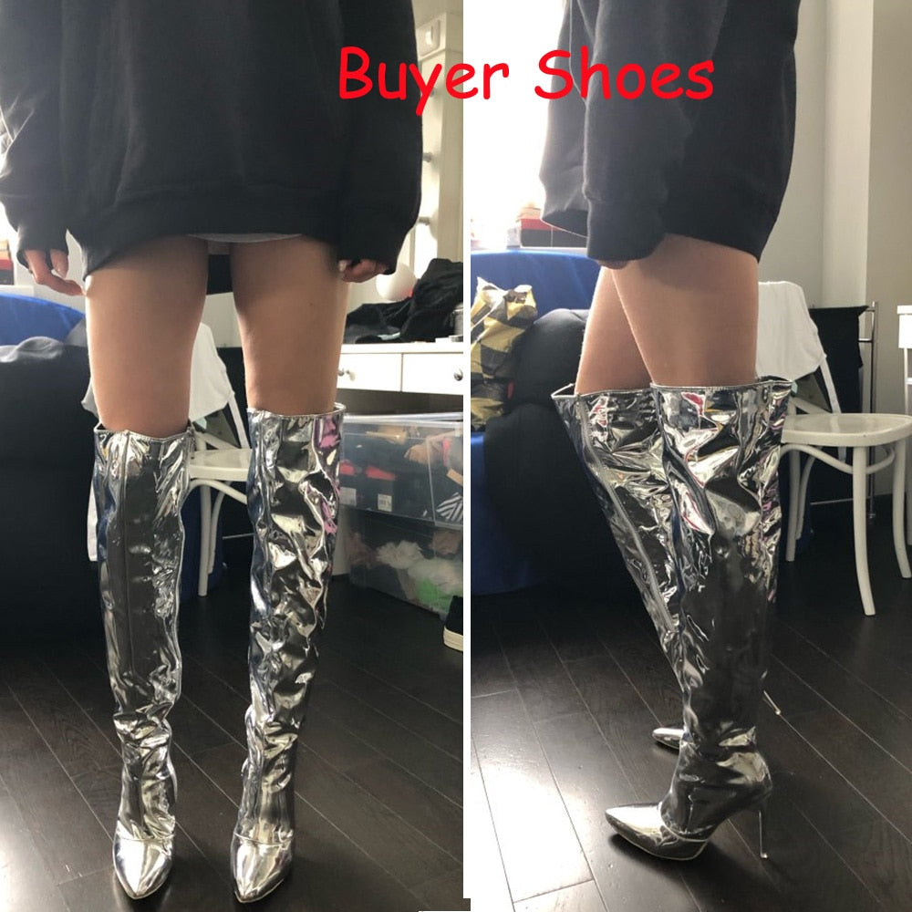 Casual PU Leather Silver Mirror Over The Knee Boots
