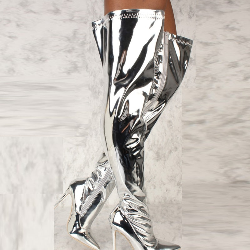 Casual PU Leather Silver Mirror Over The Knee Boots