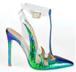 Elegant Snake Print Hologram T-Strap Heels
