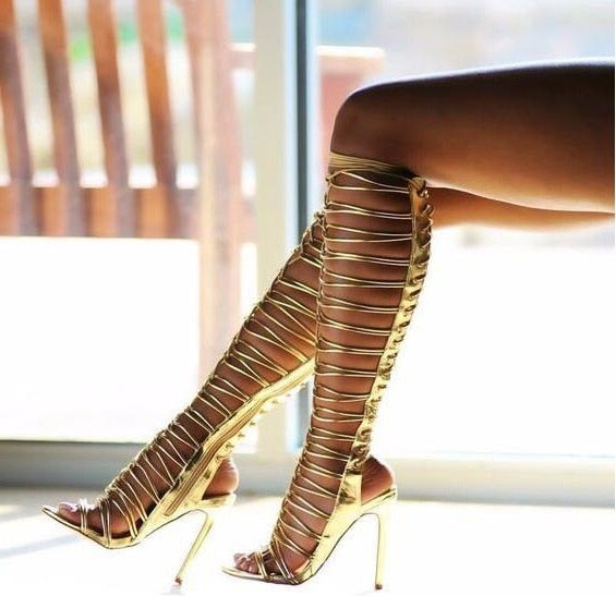 Metalic Strappy Knee High Sandal