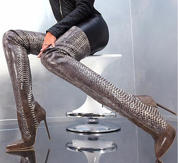 Python Snakeskin Pattern Pointed Toe Over The Knee Boots