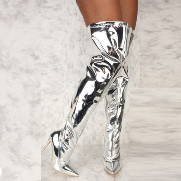 Casual PU Leather Silver Mirror Over The Knee Boots