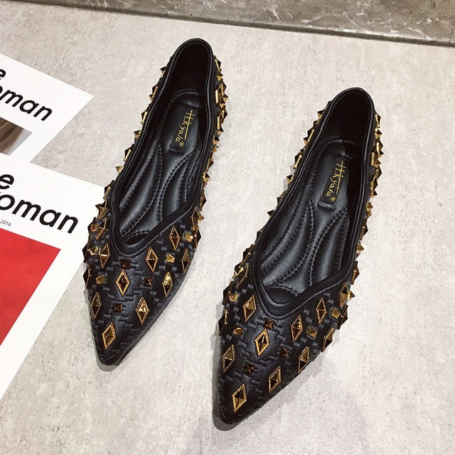 Spring Red Stud Embroidered Pointed Toe  Women Flat Shoes