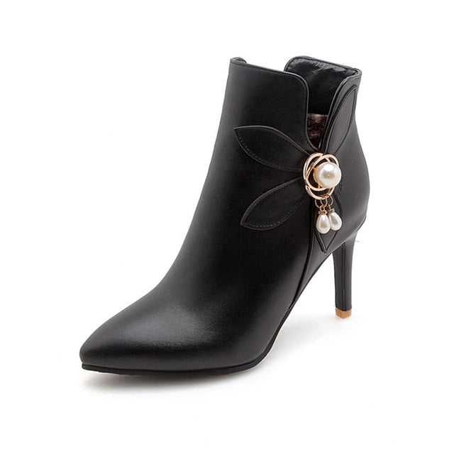 PU Leather Flower Shape Pearl with Zipper Ankle Boots