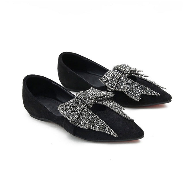 Elegant Bling Crystal Bow Tie Pointed Toe Women Flat Shoes