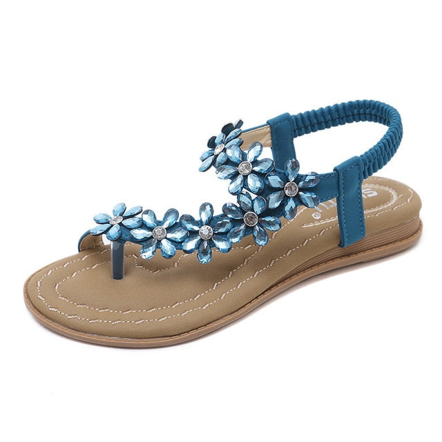 Bohemian Flower Rhinestone Flat Sandal