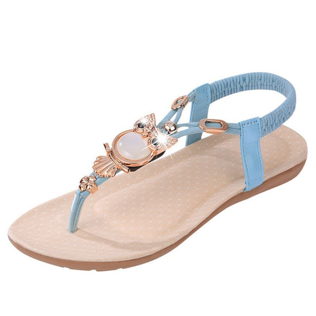 PU Leather Sweet Owl Decoration Elastic Back Strap Women Flat Sandal