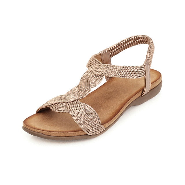 Bling Gold Silver Knitted T-Strap Flat Sandal