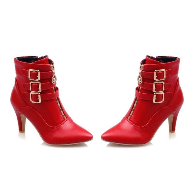 Soft Leather Triple Buckle Strap Pointed Toe Ankle Boots