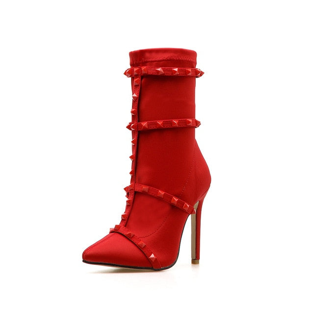 Luxury Rivet Silk Satin Thin High Heels Women Ankle Boots