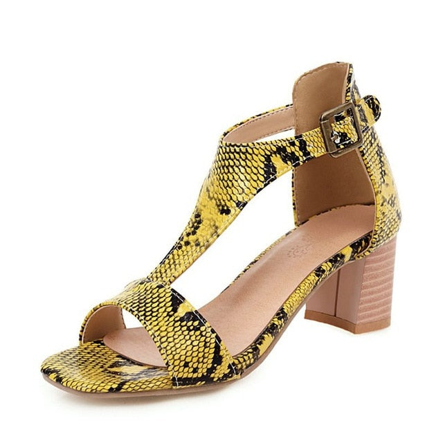 Sytentic Animal Printed Buckle Shoes Square Heels