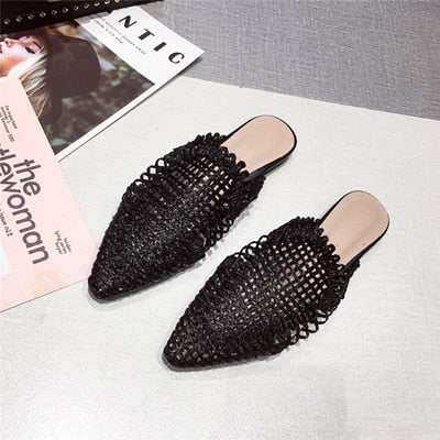 Rattan Knit Indoor Pointed Toe Women Mules Shoes