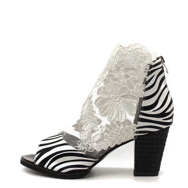 Mesh Leather Floral Lace Ankle Heels