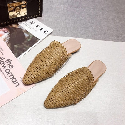 Rattan Knit Indoor Pointed Toe Women Mules Shoes